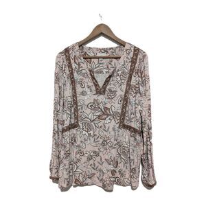 J Jill Top Womens L Pink Brown Vintage Floral Boho Gathered Stretch Notch Neck
